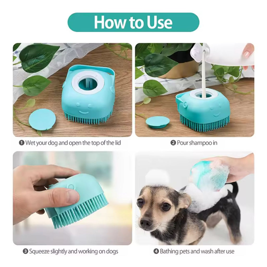 Silicone Pet Bath Brush with Shampoo Dispenser – Soft Massage Grooming Brush for Dogs & Cats (3 Colors)