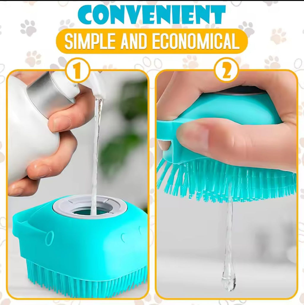 Silicone Pet Bath Brush with Shampoo Dispenser – Soft Massage Grooming Brush for Dogs & Cats (3 Colors)