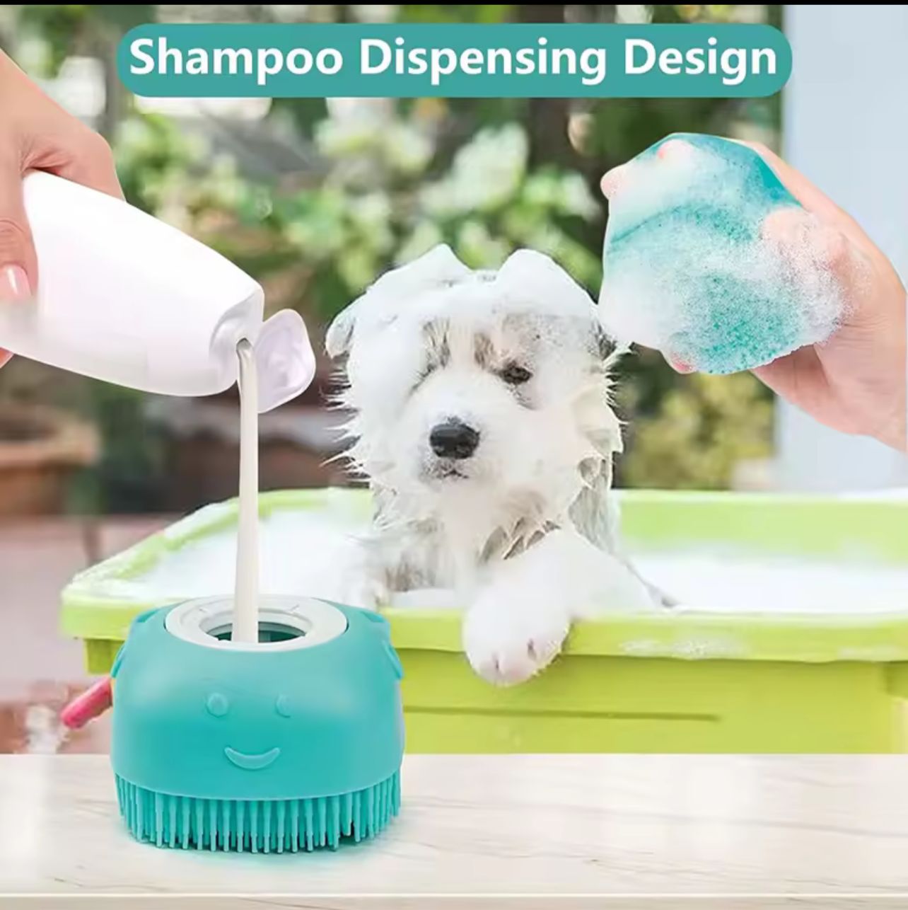 Silicone Pet Bath Brush with Shampoo Dispenser – Soft Massage Grooming Brush for Dogs & Cats (3 Colors)