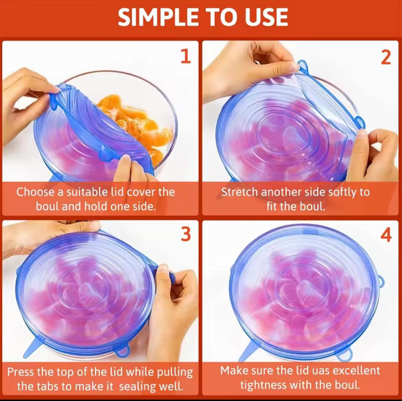 Silicone Stretch Lids 6-Pack – Reusable Food Cover Caps, 6 Sizes, BPA-Free (Pink / Blue / Yellow / Green / White)