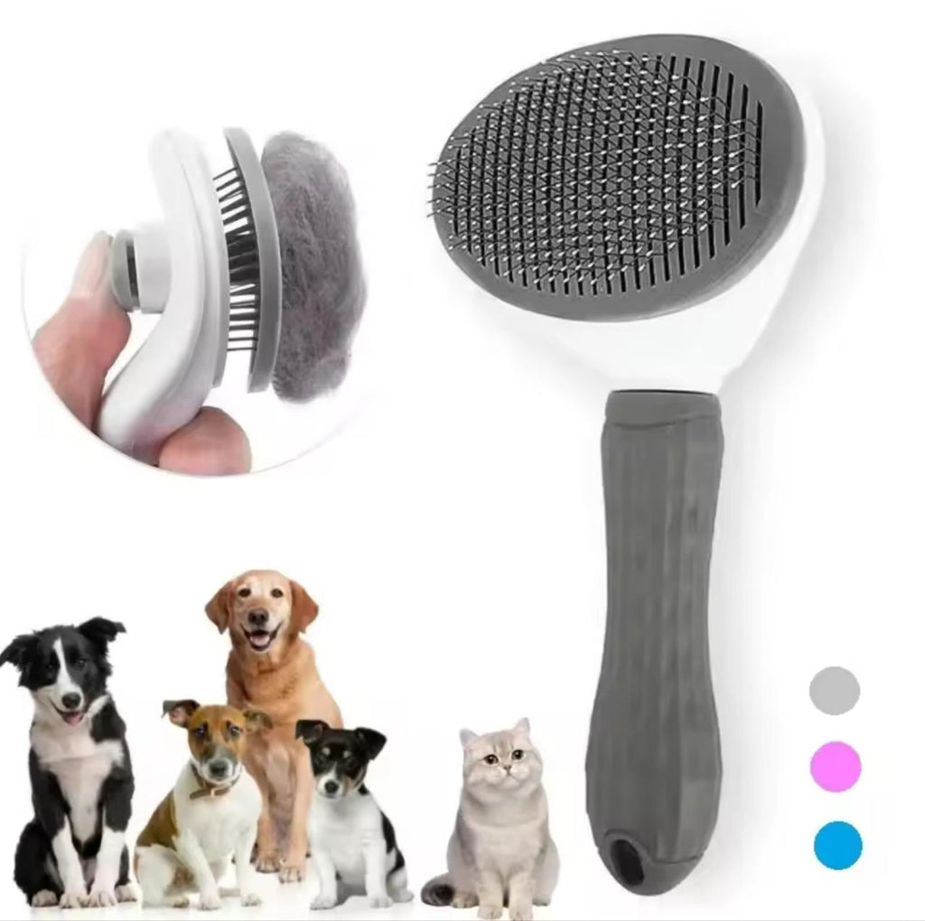 Self-Cleaning Pet Slicker Brush – One-Click Hair Removal | Cats & Dogs | Gray, Pink, Blue