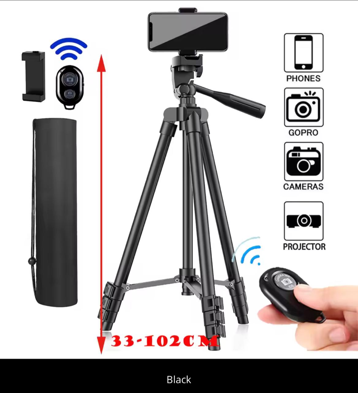 Extendable Camera Tripod Stand 33–102cm with Bluetooth Remote & Phone Mount (Black / Silver)