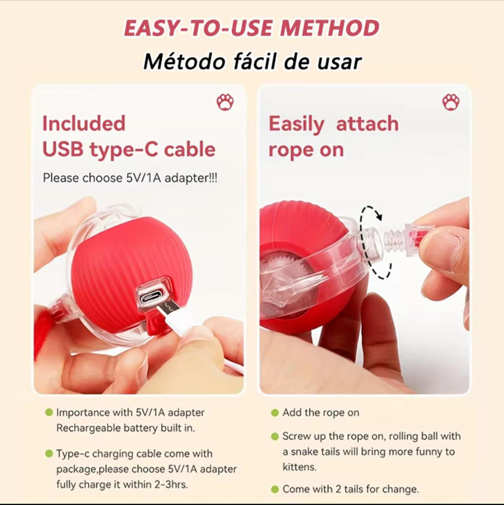 Smart Self-Rolling Cat Toy Ball – USB-C Rechargeable | 3 Speed Modes | Snake Tail | Red & Gray