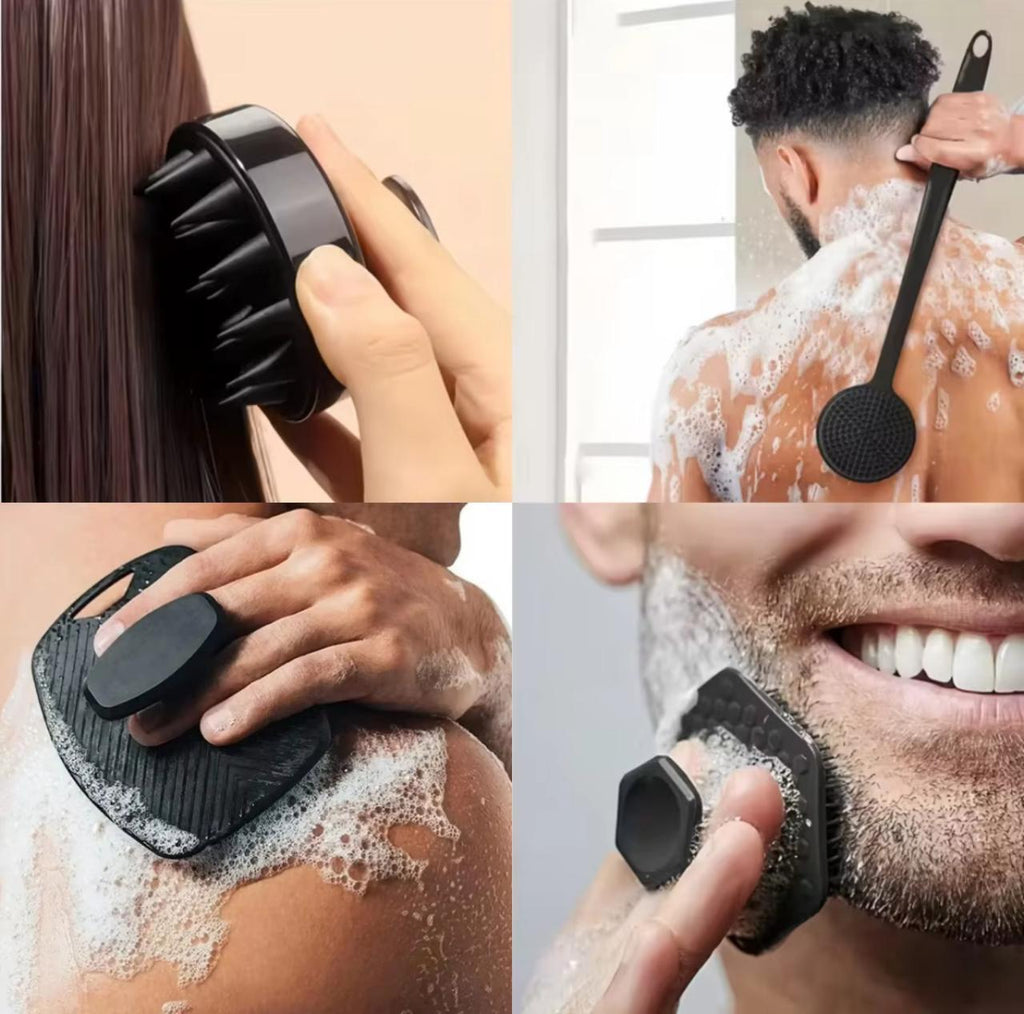 4-in-1 Silicone Body & Hair Brush Set – Back Scrubber, Scalp Massager, Face & Beard Brush