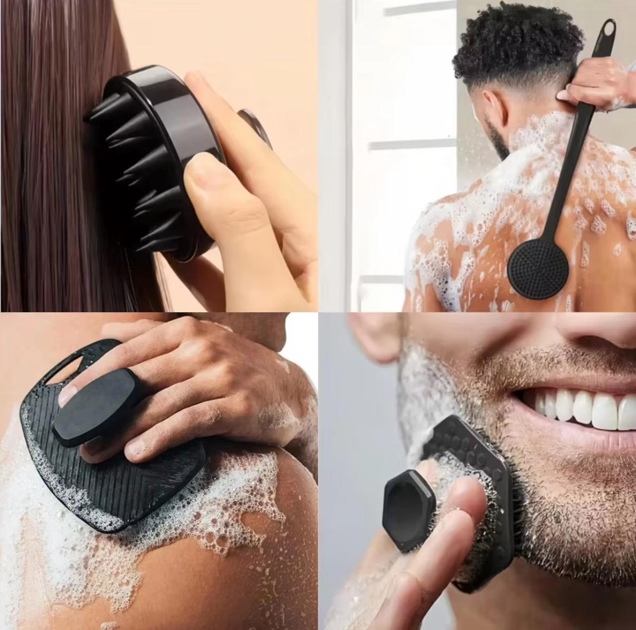 4-in-1 Silicone Body & Hair Brush Set – Back Scrubber, Scalp Massager, Face & Beard Brush