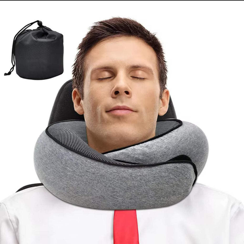 360° Memory Foam Travel Neck Pillow with Carrying Bag – Adjustable Chin & Neck Support