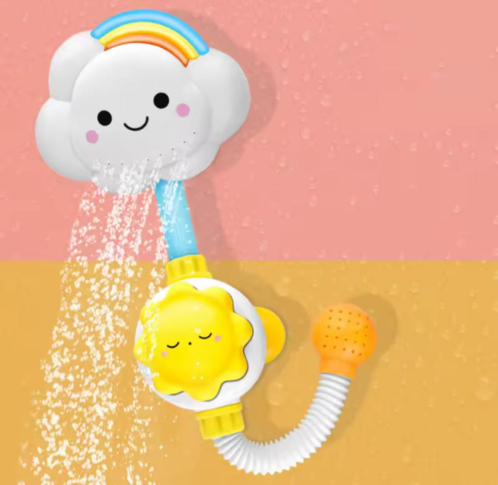 Rainbow Cloud Baby Bath Shower Toy – 90° Rotating Spray Head, Suction Cup Base & Sun Pump | Kids Bath Playset