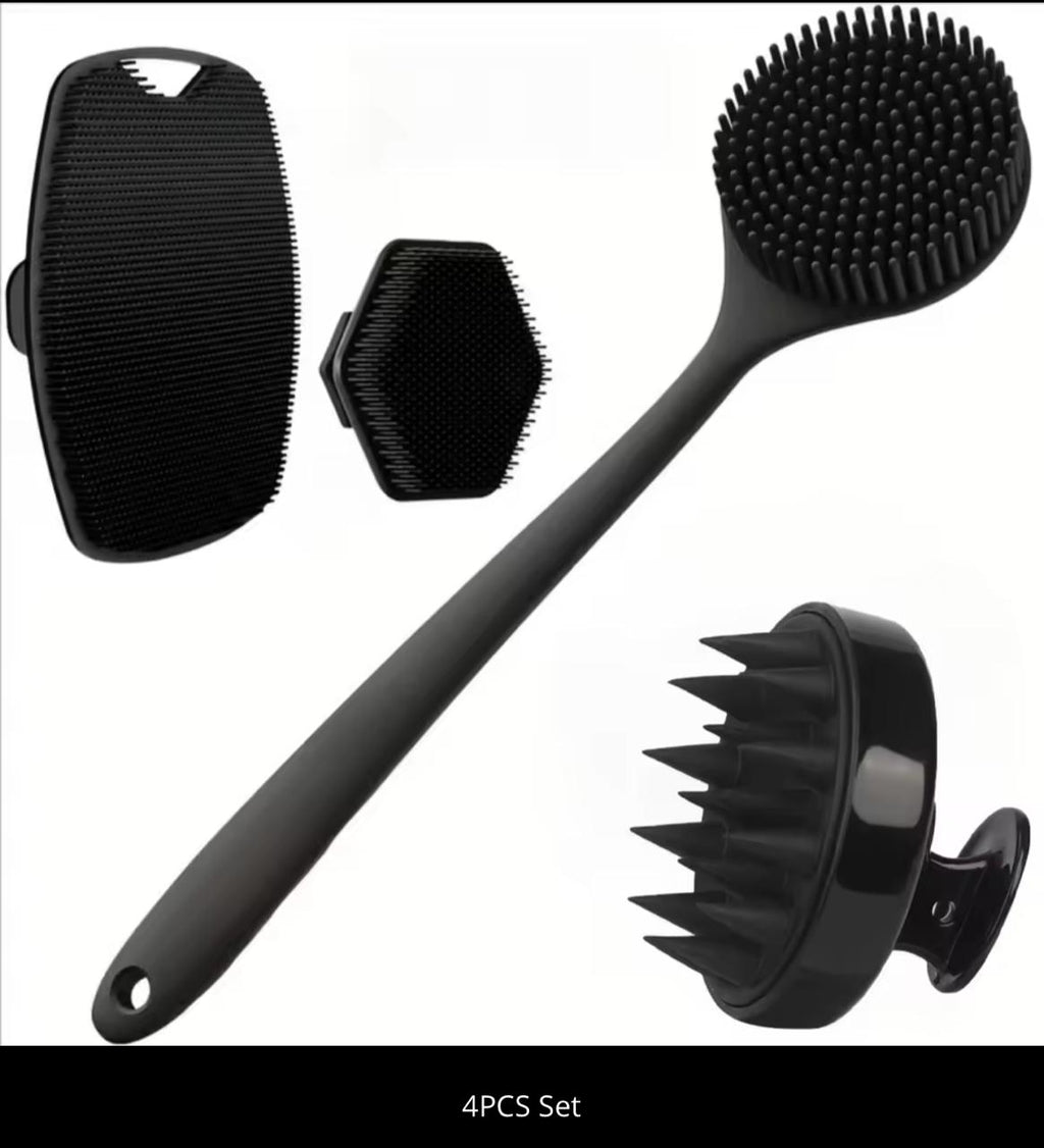 4-in-1 Silicone Body & Hair Brush Set – Back Scrubber, Scalp Massager, Face & Beard Brush