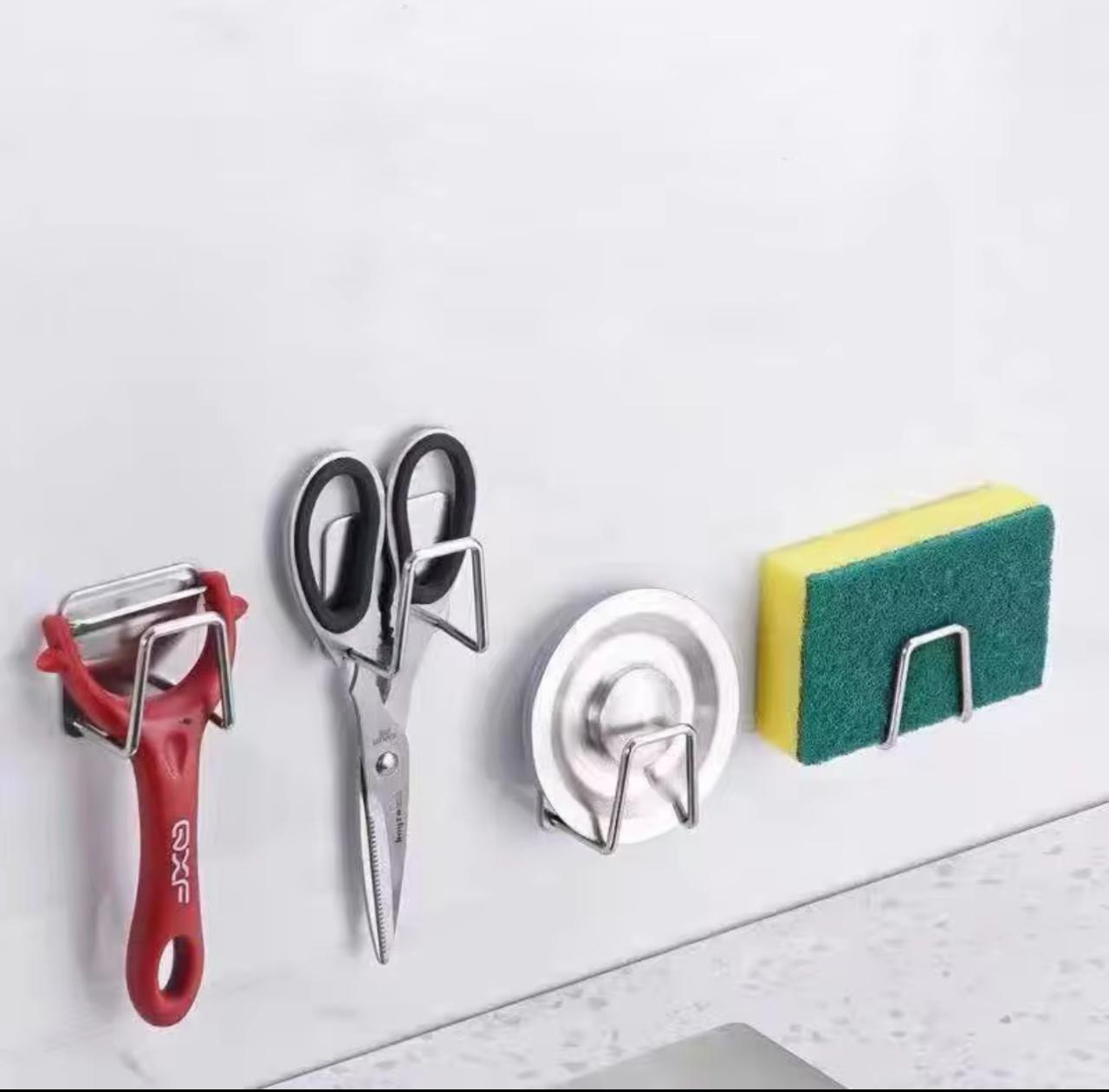 Self-Adhesive Stainless Steel Kitchen Wall Hooks – Sponge Holder, Scissor Hook, Cutting Board & Pot Lid Rack | No Drilling