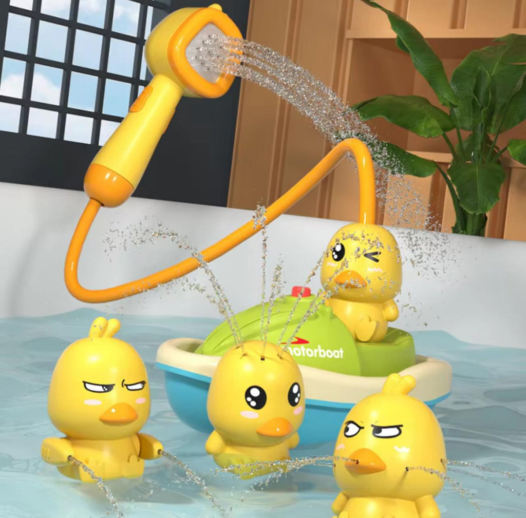 Little Yellow Duck Baby Bath Toy Set – Electric Water Spray Shower with Motorboat & 4 Duck Figures | Kids Bath Playset