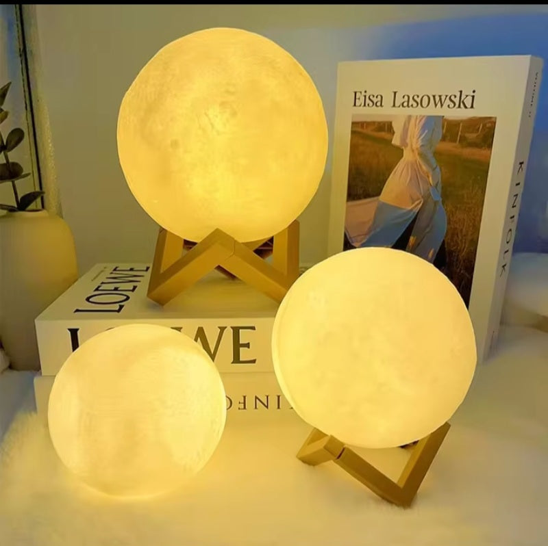 Moon Night Light LED Lamp – 3D Lunar Bedside Lamp with Wooden Stand