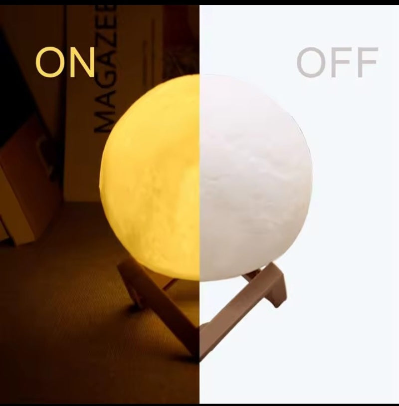 Moon Night Light LED Lamp – 3D Lunar Bedside Lamp with Wooden Stand