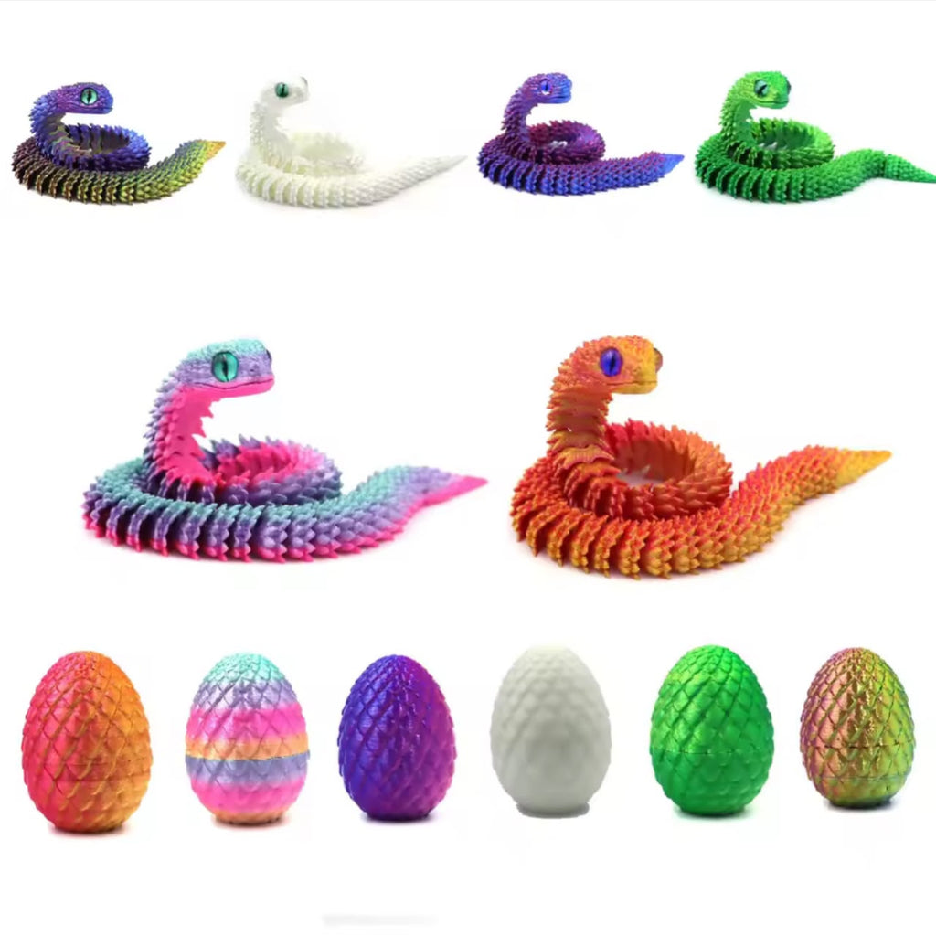 3D Printed Snake Action Figure in Egg – Flexible Jointed Fidget Toy