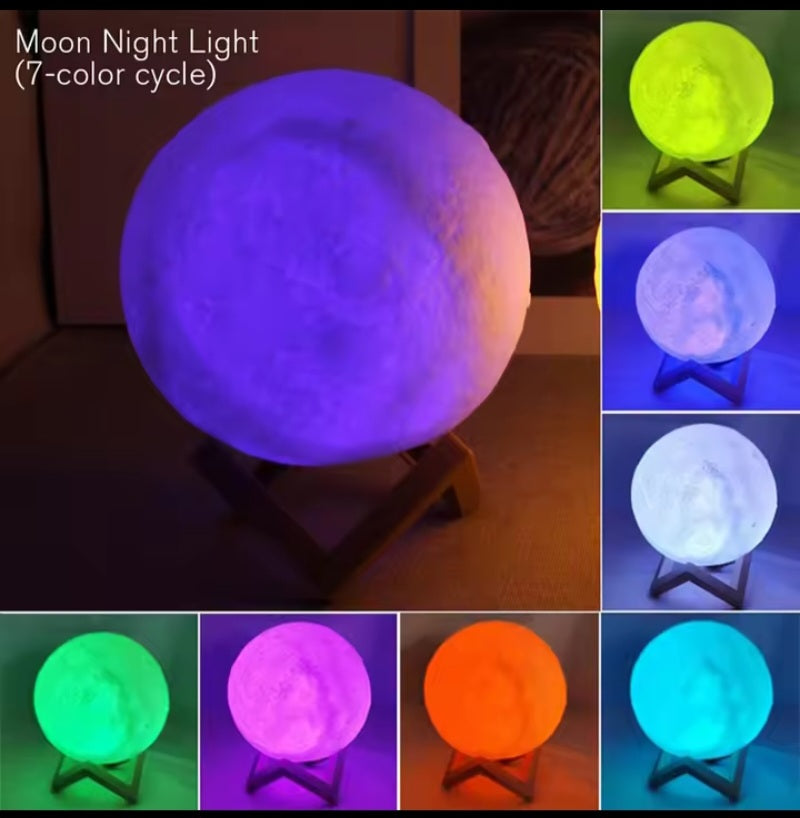 Moon Night Light LED Lamp – 3D Lunar Bedside Lamp with Wooden Stand