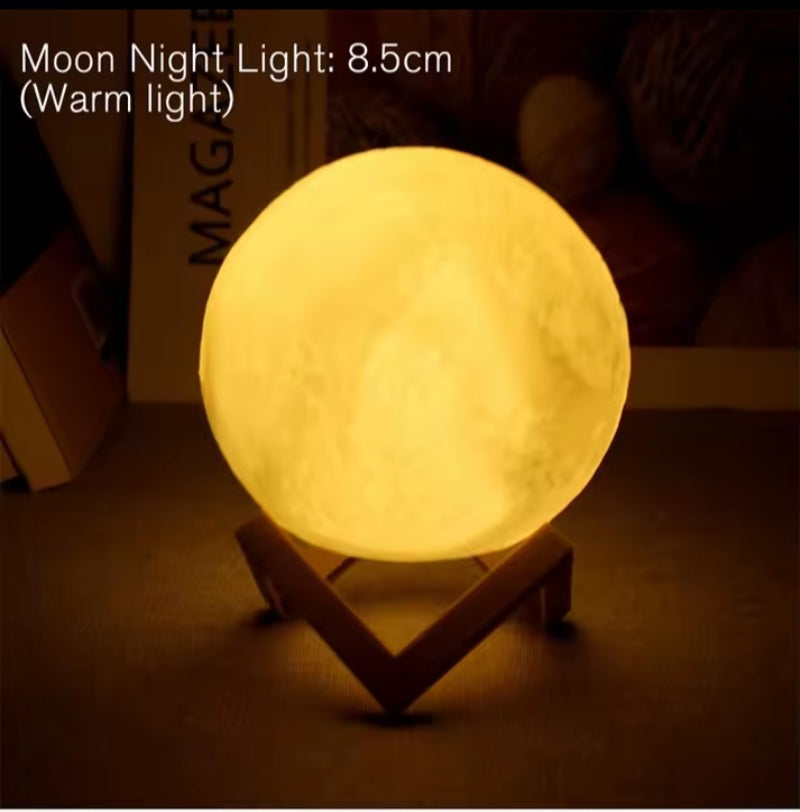 Moon Night Light LED Lamp – 3D Lunar Bedside Lamp with Wooden Stand