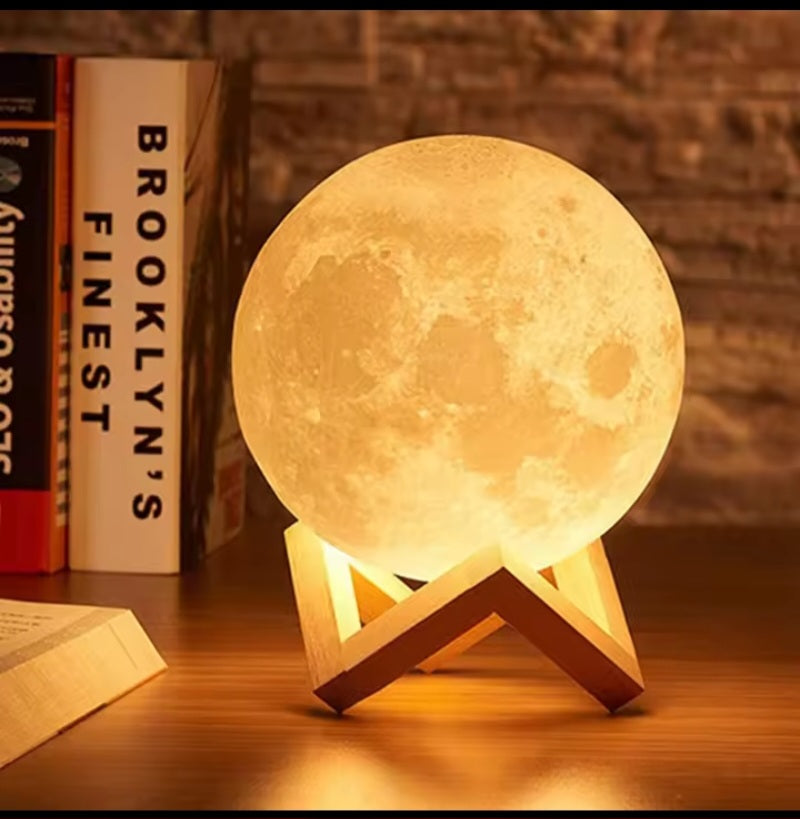 Moon Night Light LED Lamp – 3D Lunar Bedside Lamp with Wooden Stand